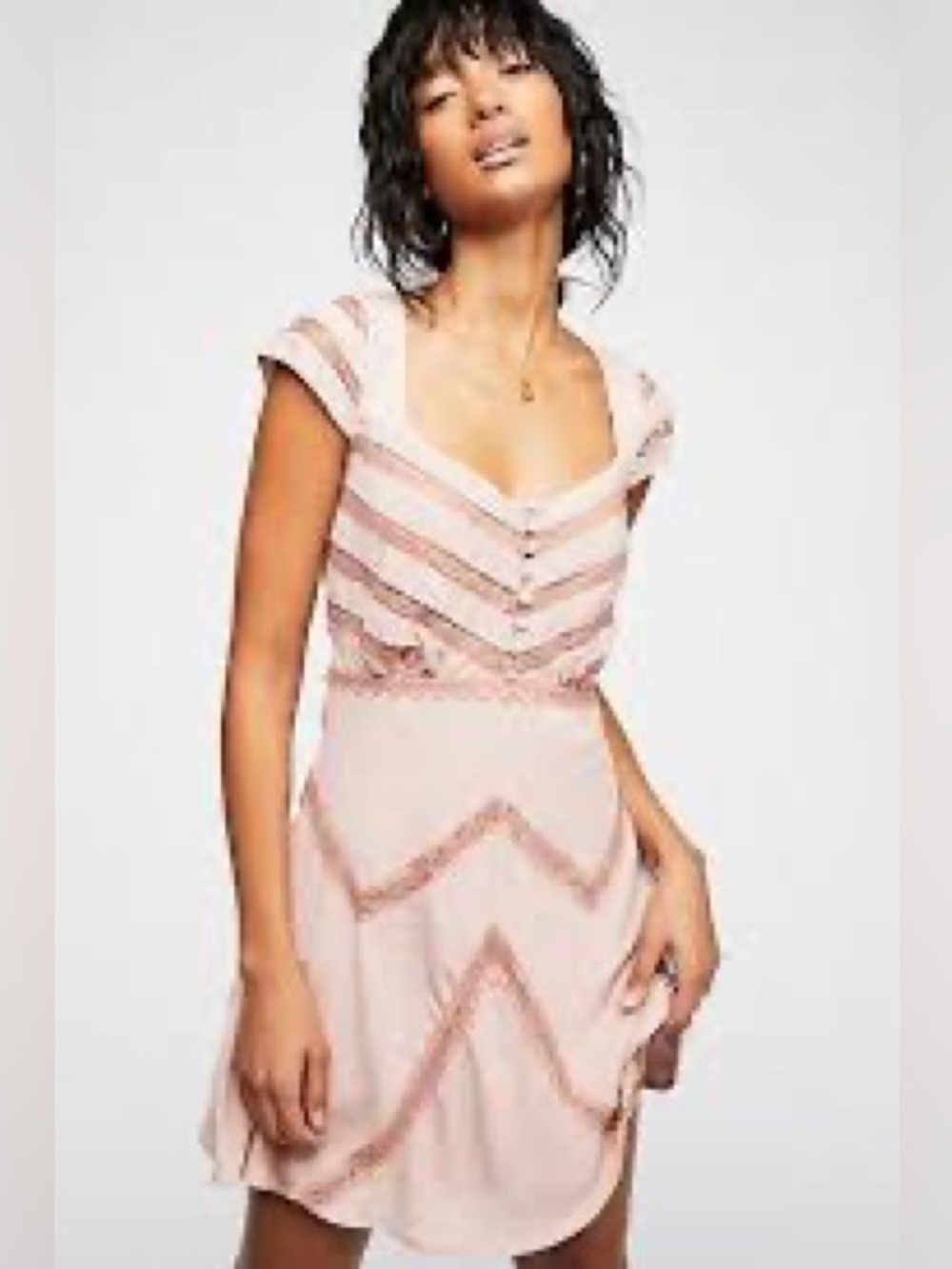 Free People Mauve Lace Trim Mini Dress XS Boho Romantic Button Front